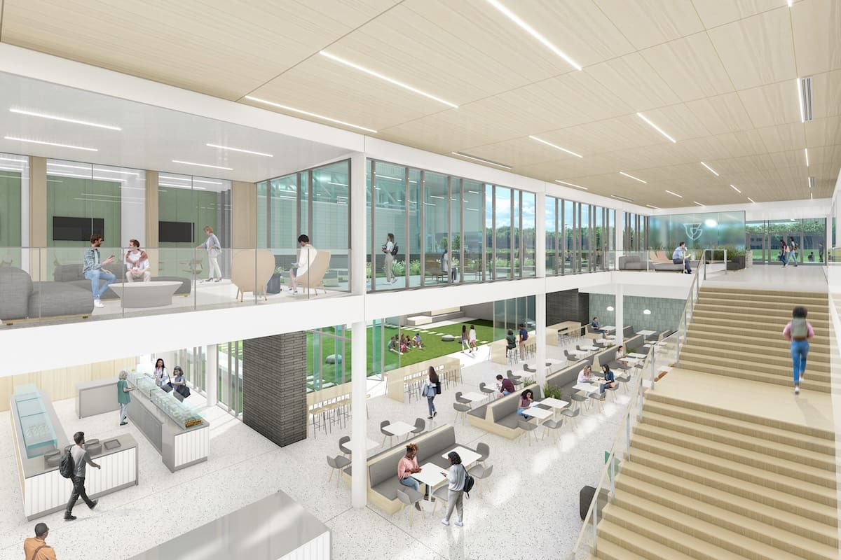 Interior rendering showing monumental stair on right, mezzanine and lobby space below on left.